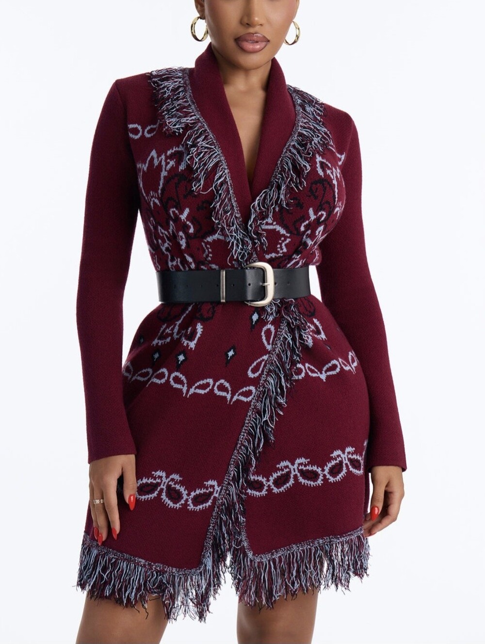 Jacquard Fringe Sweater Mini Dress